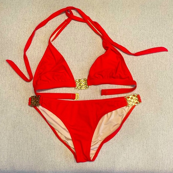 Milly Two-Piece Bikini Set - Orange w/ Gold Details - Like New - Wore 1x - Saks - Picture 2 of 9
